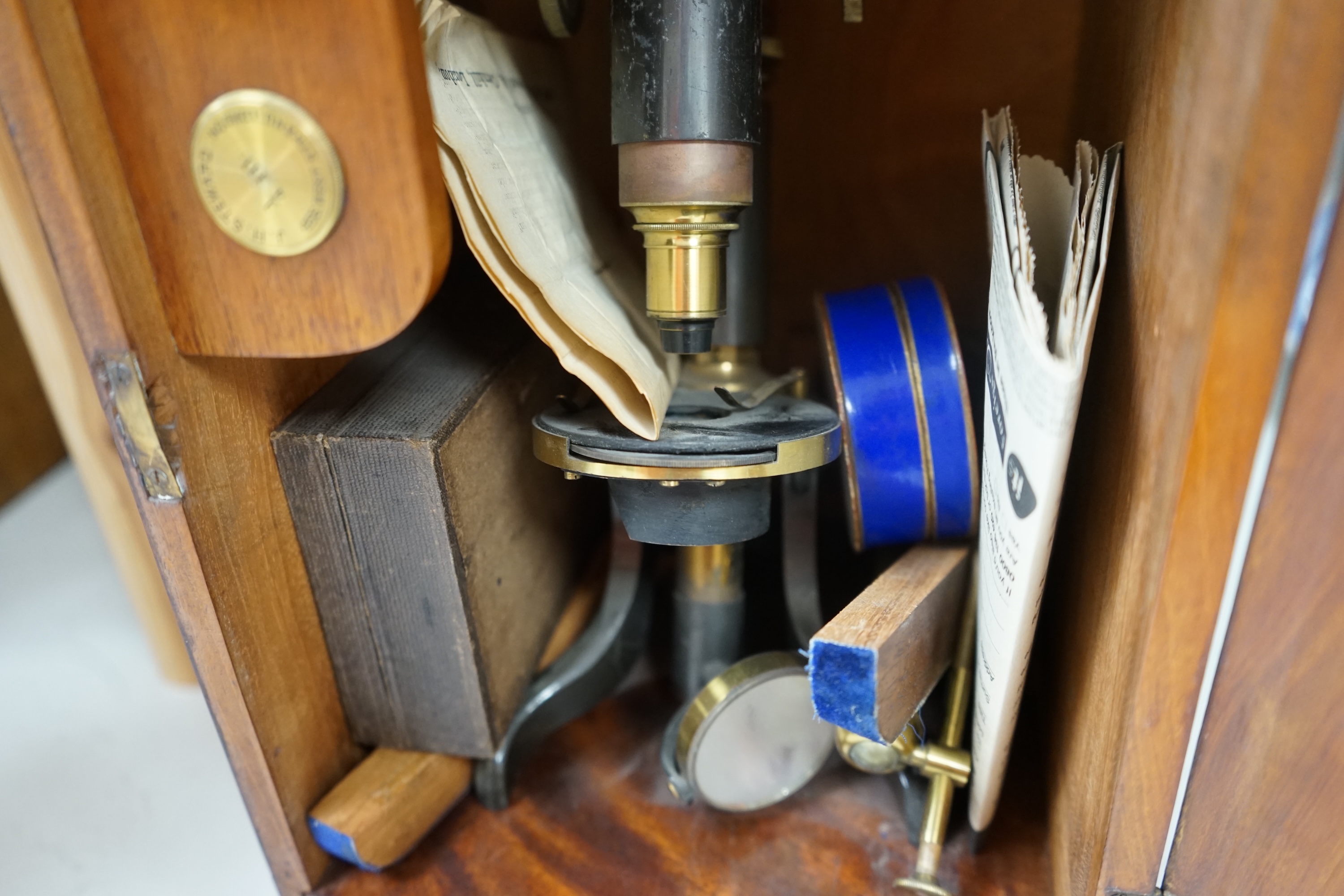 19th century, J H Stewart, mahogany cased brass telescope including lenses, case 37cm high x 19.5cm wide. Condition - fair?